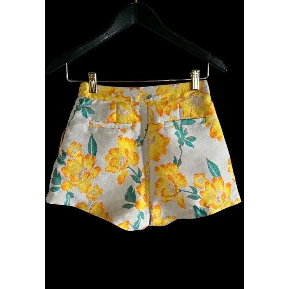 Endless Rose Satin Floral Brocade Shorts Size XS Cream Yellow Lined NWT